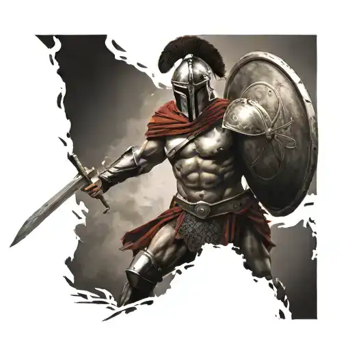 A Spartan Soldier Top Half Male Warrior Walking To Battle Shield In Veiw With Sword