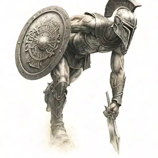 A Spartan Soldier Top Half Male Warrior Walking To Battle Shield In View