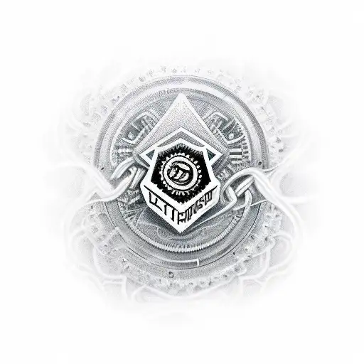 An Intricate Black And Grey Tattoo Of A Motorcycle Engine With Cryptocurrency Circuitry Intertwined