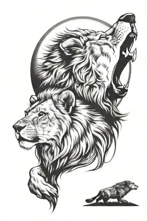 Lion And A Wolf Howling At The Moon