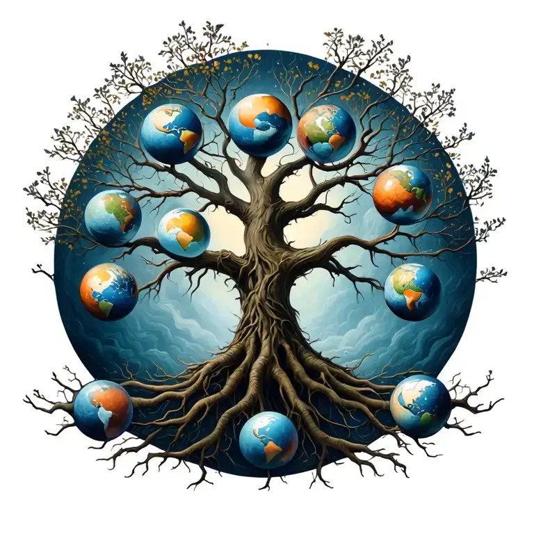 Norse Tree Yggdrasil With Roots Forming A Mark And Each Branch With A Ball Of The 9 Worlds