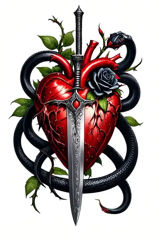 Dagger Piercing A Realistic Bleeding Heart Ensnared By Black Roses With Thorns And A Black Mamba