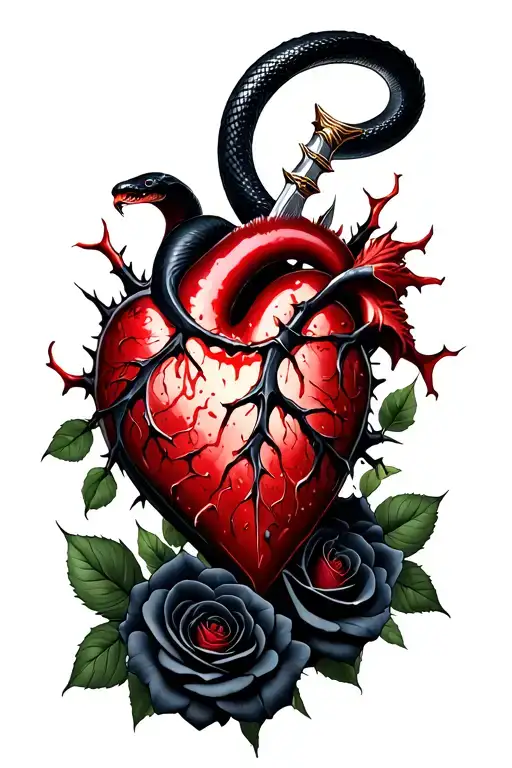 Dagger Perforating A Realistic Bleeding Heart Ensnared By Black Roses With Thorns And A Black Mamba