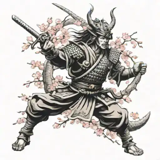 A Samurai Warrior Battling A Dragon On A Cherry Blossom Tree Background
