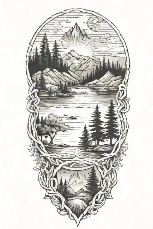 Cetic Knots With Trees Water And Mountains