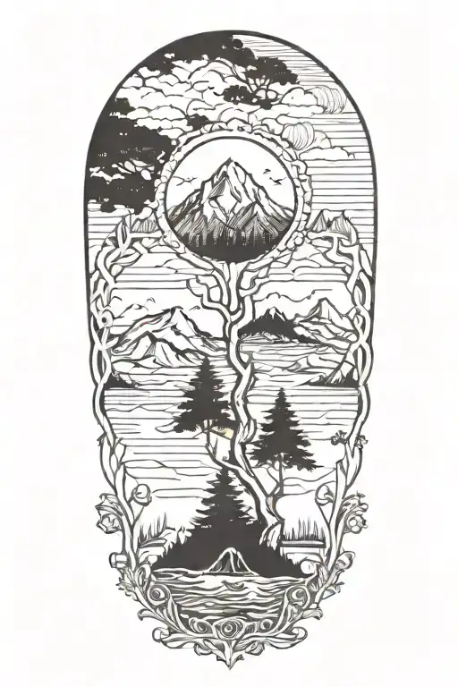 Cetic Knots With Trees Water And Mountains