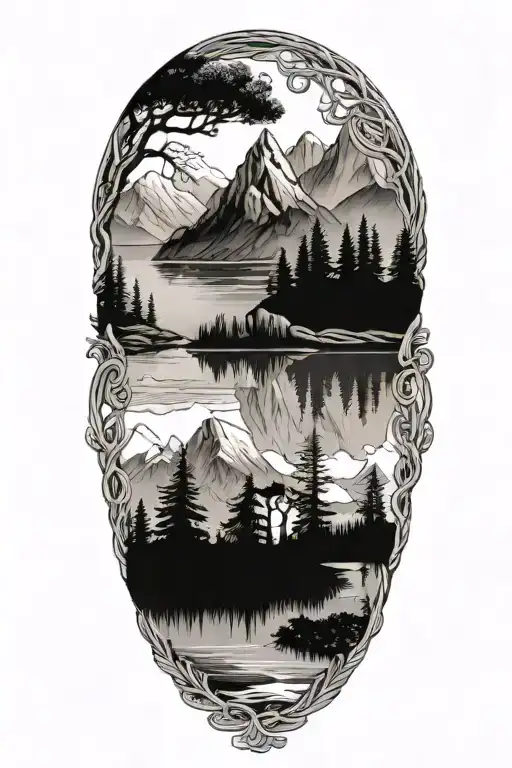 Cetic Knots With Trees Water And Mountains