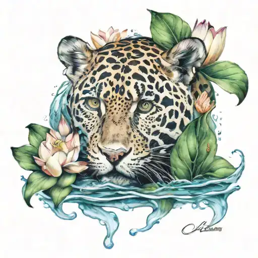 Jaguar Submerged In Water With Lotus Flowers Scattered
