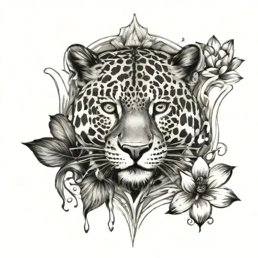 Jaguar Face Partially Submerged In Water With Lotus Flowers