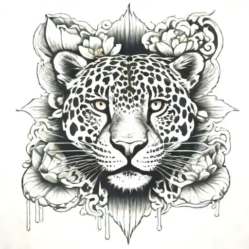 Jaguar Face Partially Submerged In Water Line With Lotus Flowers