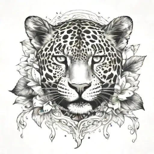 Jaguar Face Partially Submerged In Water Line With Lotus Flowers