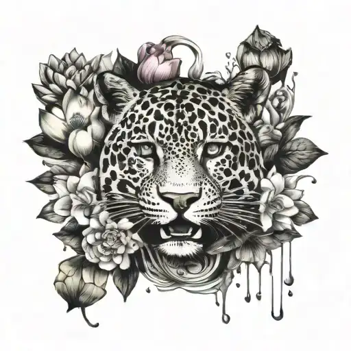 Jaguar Face Partially Submerged In Water Line With Lotus Flowers