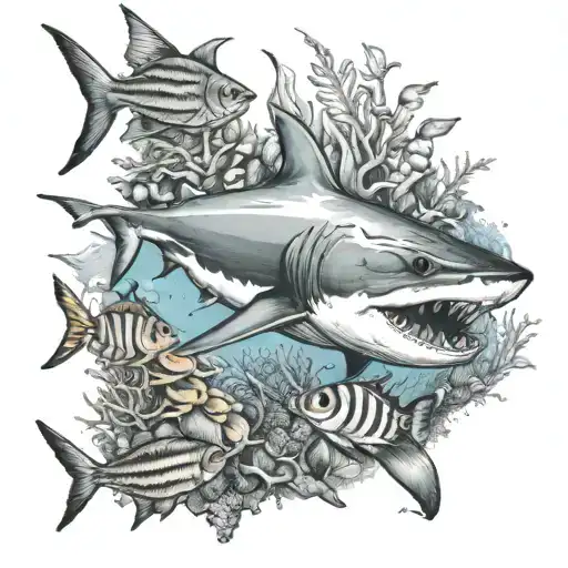 A Detailed Underwater Scene With A Shark Surrounded By Tropical Fish And Coral Reefs