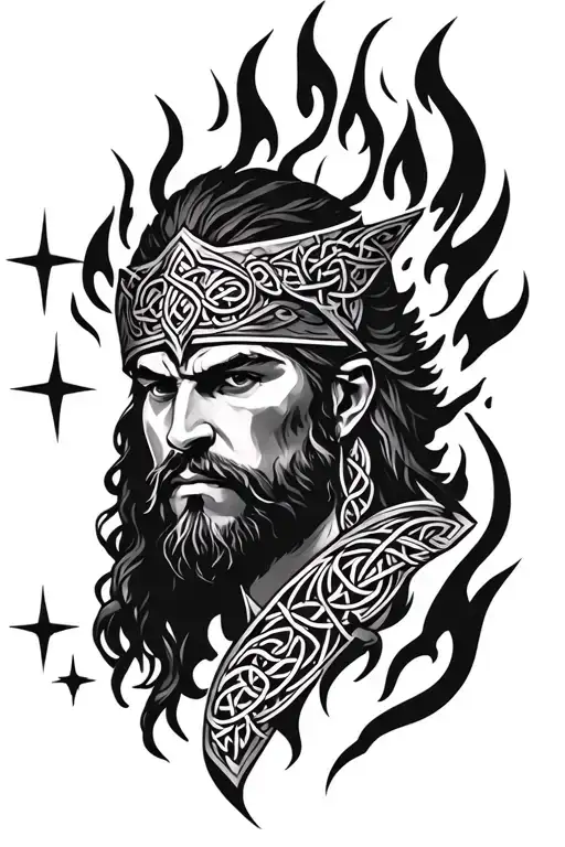Face Of A Celtic Warrior Surrounded By Flame And Stars