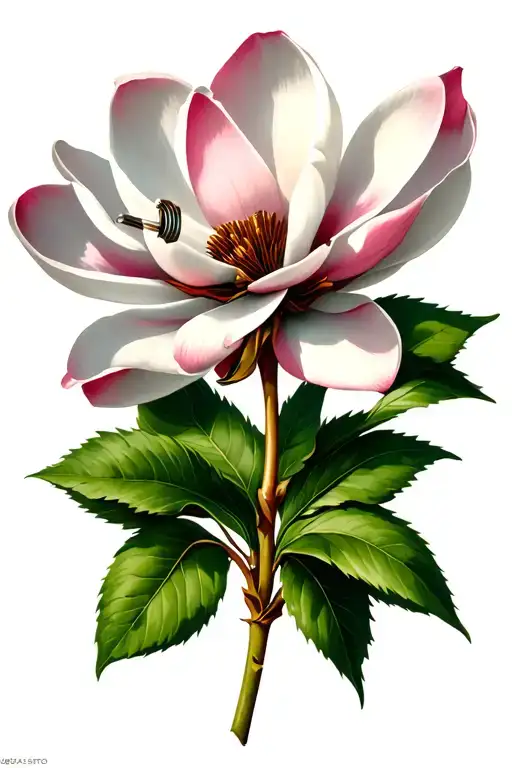 A Magnolia Flower Being Pierced By A Nail With 2 Dates In Roman Next To It