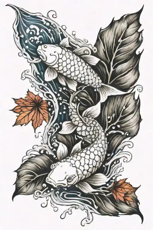 Koi With Water And Fire With Maple Leaf Intertwined