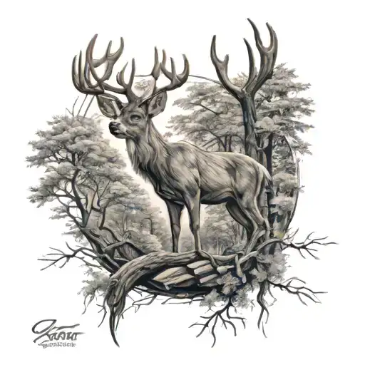 Small Realistic Deer Looking Around And It's In A Realistic Style In Trees