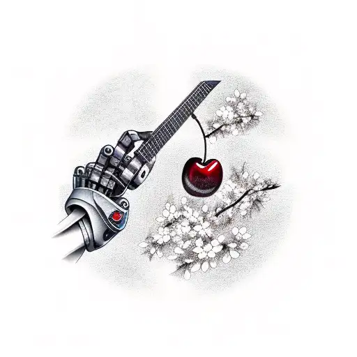 Realistic Depiction Of A Robotic Arm Playing A Guitar With Japanese Cherry Blossoms