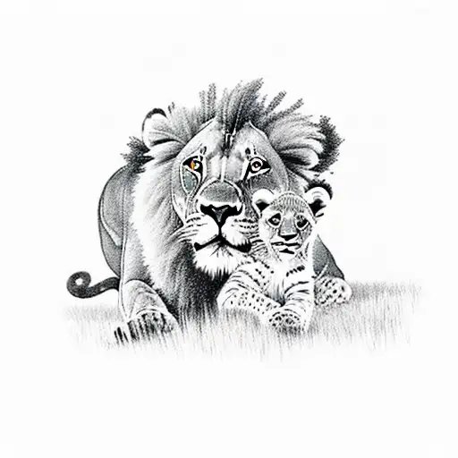 A Dotwork Illustration Of A Lion And Its Cub Exploring A Savannah Landscape