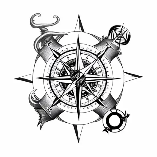 A Pirate Ship Sailing Through A Stormy Sea With A Compass Rose In The Background