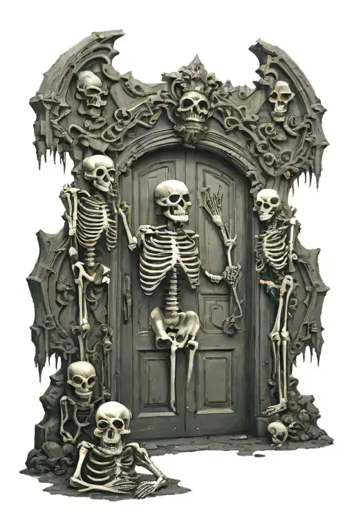 Giant Door Straight From Hell With Skeleton Details And Skeletons And Cat Skeletons