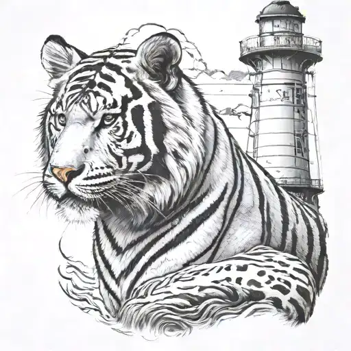 Bengal White Tiger And Lighthouse