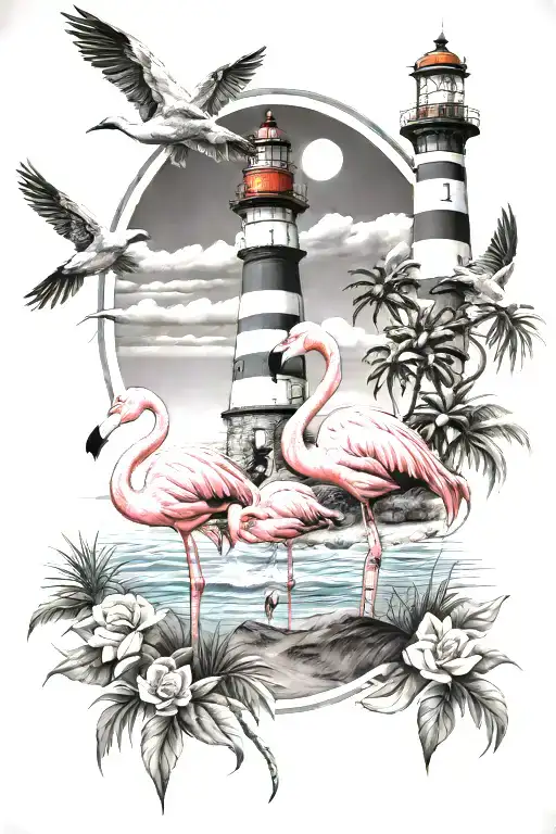 Flamingos With Lighthouse Overlooking