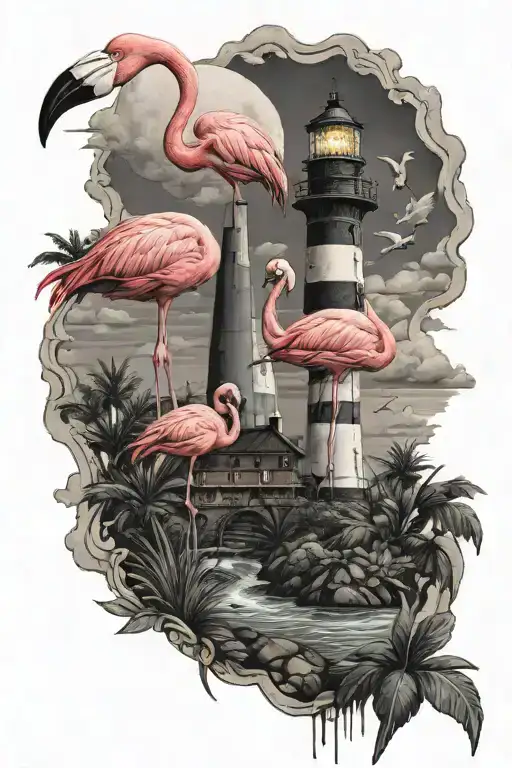 Flamingos Standing Around Lighthouse Overlooking
