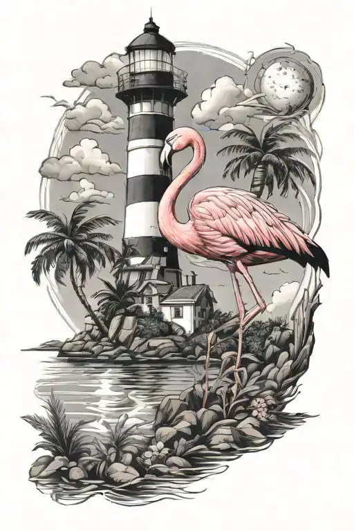 Flamingo With Lighthouse Overlooking