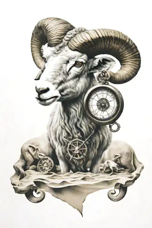 A Full Body Ram Animal Half Sleeve With A Compass In The Background And A Sand Clock