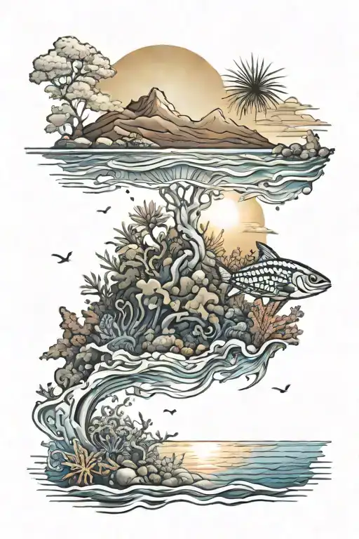 Colour Reef At Bottom Of Ocean Going To Surface With Island Sunset Sky And Sun On Shoulder