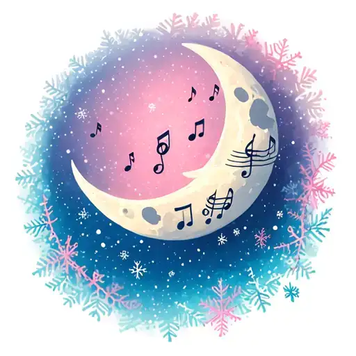 A Pink And Blue Christmas Scene On The Moon With Snow Falling And Music Notes Floating In The Air