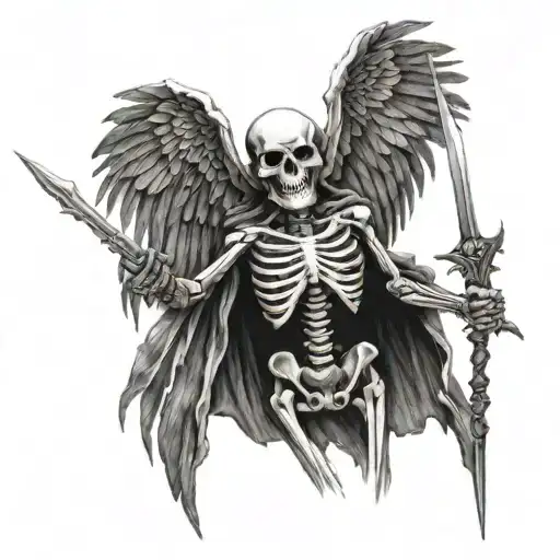 Get A Tattoo Of A Skeleton That Has A Pair Of Wings And Is Holding A Spear In One Hand
