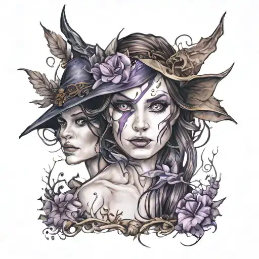 A Woman With Half Her Face A Witch And Half A Fae With Purple Eyes And Brown Hair