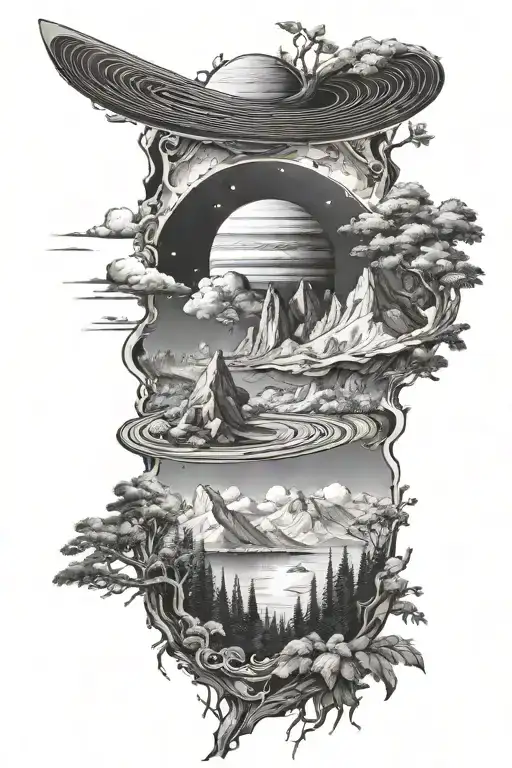 Saturn With Mountains And Trees Background Black And White Sleeve