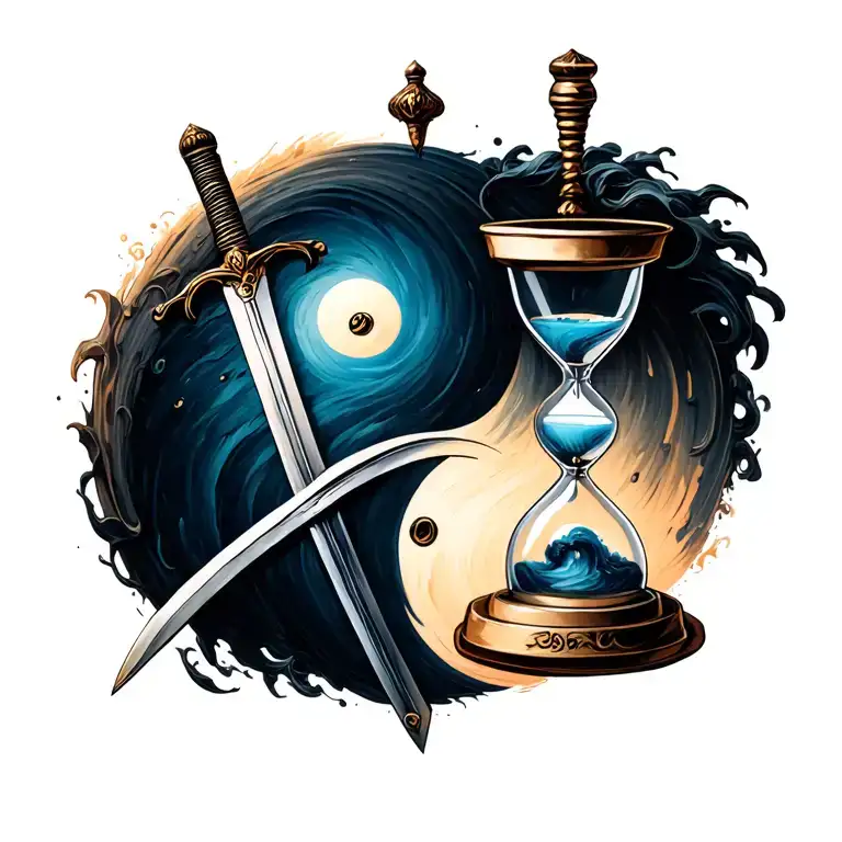 Ying And Yang Symbol With Sword And Hour Glass