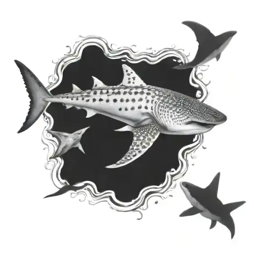 Whale Shark Swimming Surrounded By Manta Rays