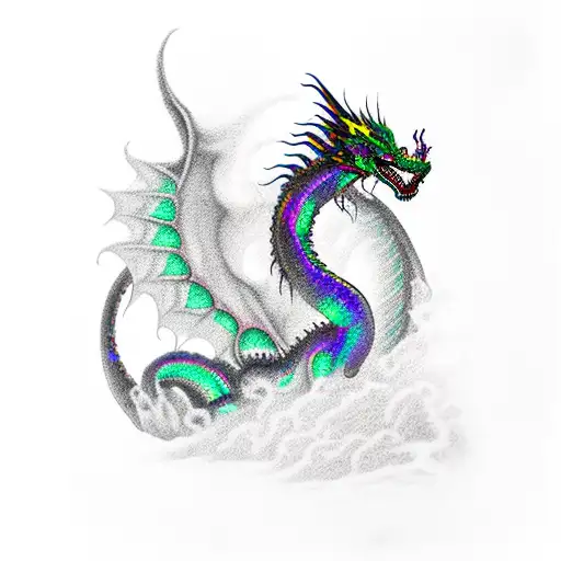 Irridescent Black Dragon With 4 Legs Standing On The Mountains