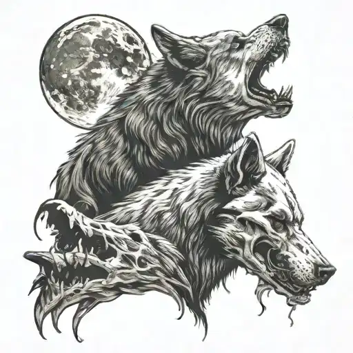 Skull & Wolf Howling At The Moon