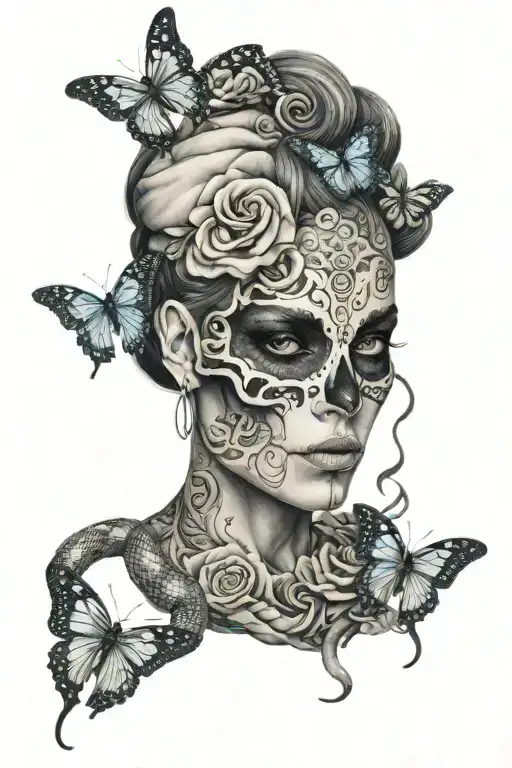 Half Skull Woman Face With Taurus Symbol Butterflies And Snakes