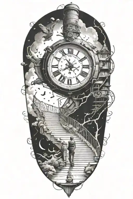 Mc Esher Style Simulation Theory Womam Stairs Clock Black Hole