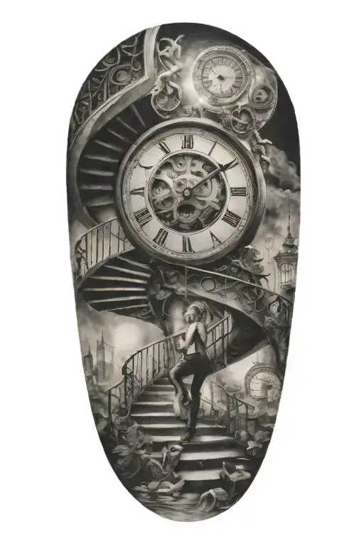 Mc Esher Style Simulation Theory Womam Stairs Clock Black Hole