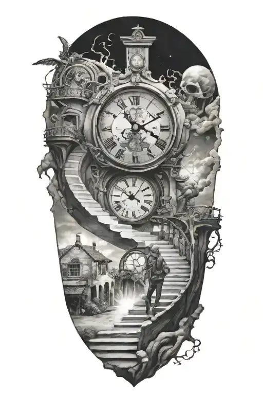 Mc Esher Style Simulation Theory Womam Stairs Clock Black Hole