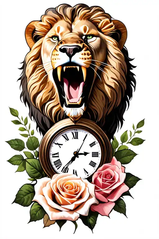 Lion Roaring Head With Clock And Rose