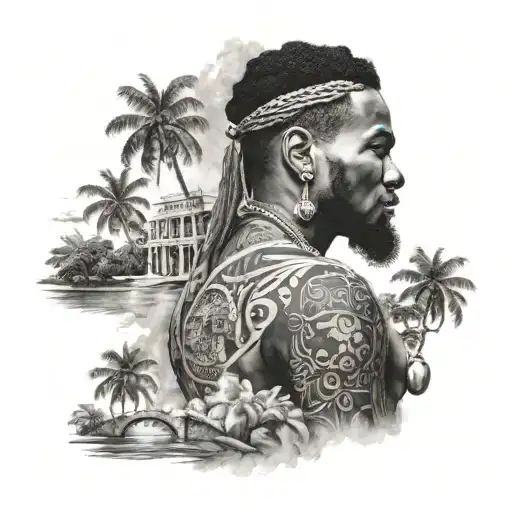 A Custom Half Sleeve In Black Depicting The Life And History Of Jamaica