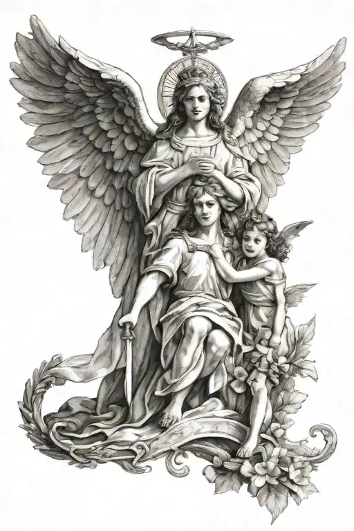 A Guardian Angel Holding A Navy Flag And Watching Over A Young Girl