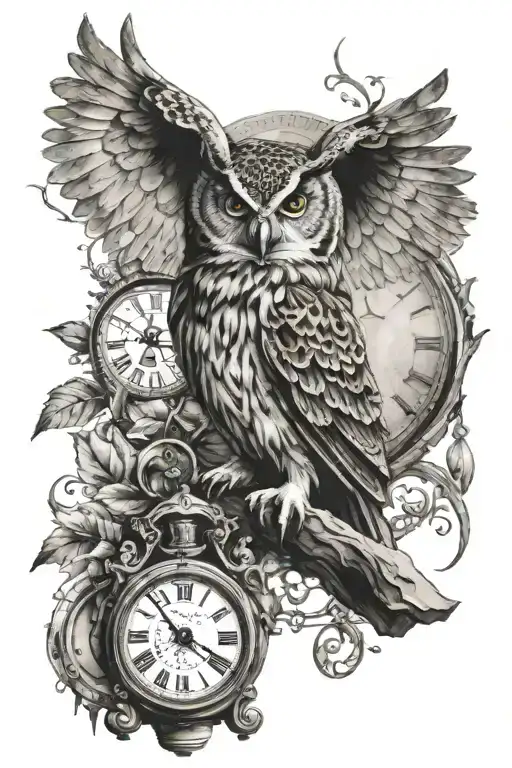 Owl And Old Clock Behind