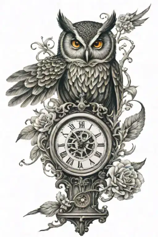 Owl And One Big Old Clock Behind