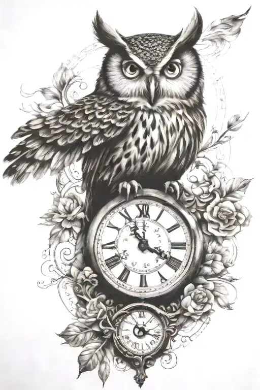 Owl And One Big Old Clock Behind