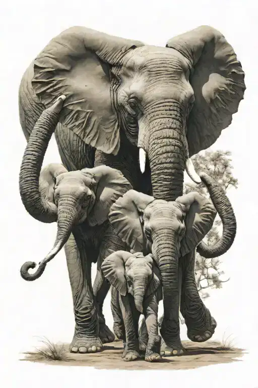 Father Elephant With 2 Baby Elephants Walking